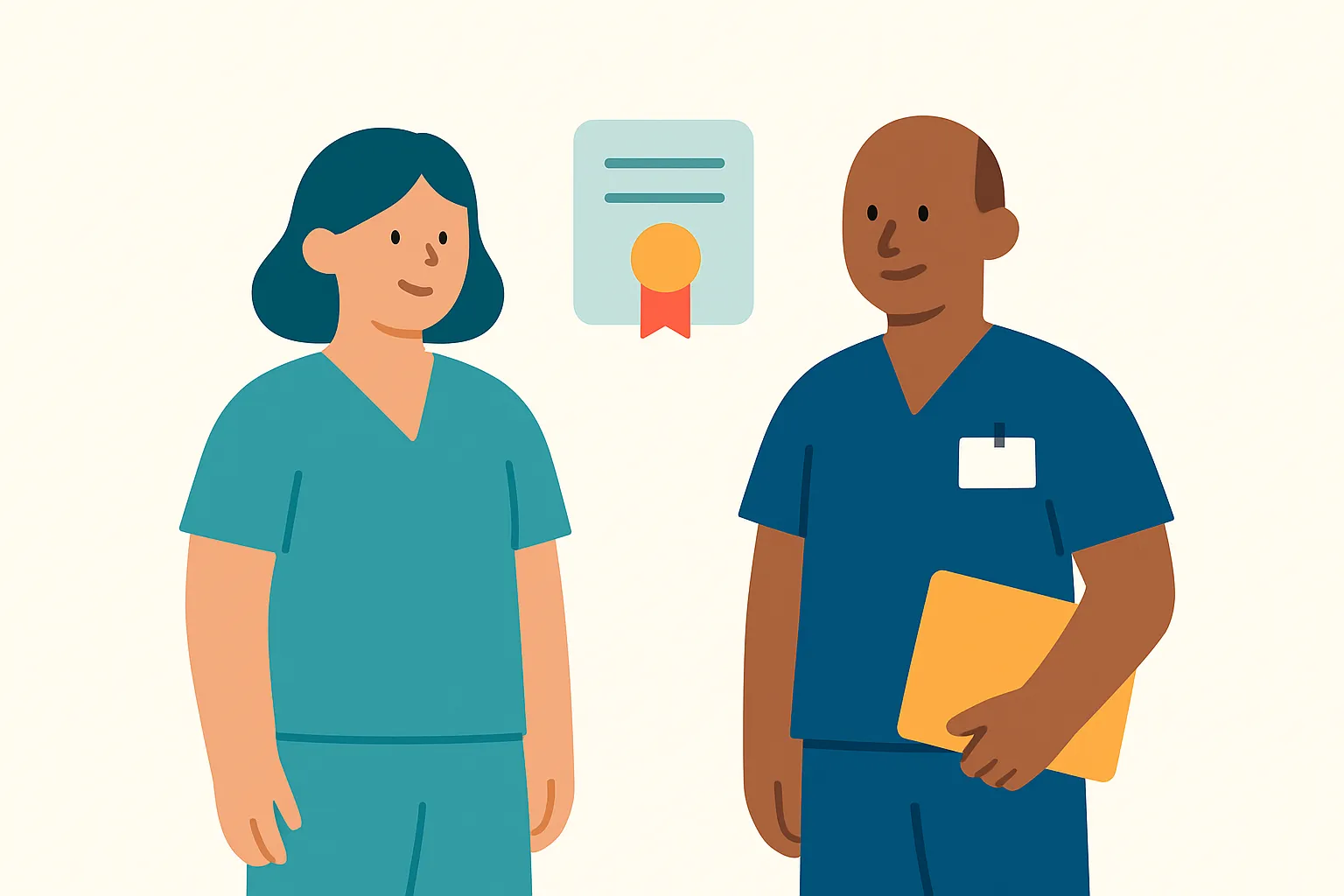 Two healthcare workers with compliance badges representing staff management